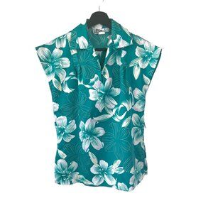 Vintage 80s Hilo Hattie Aquamarine Floral Short Sleeve Collared Notched Top Smal